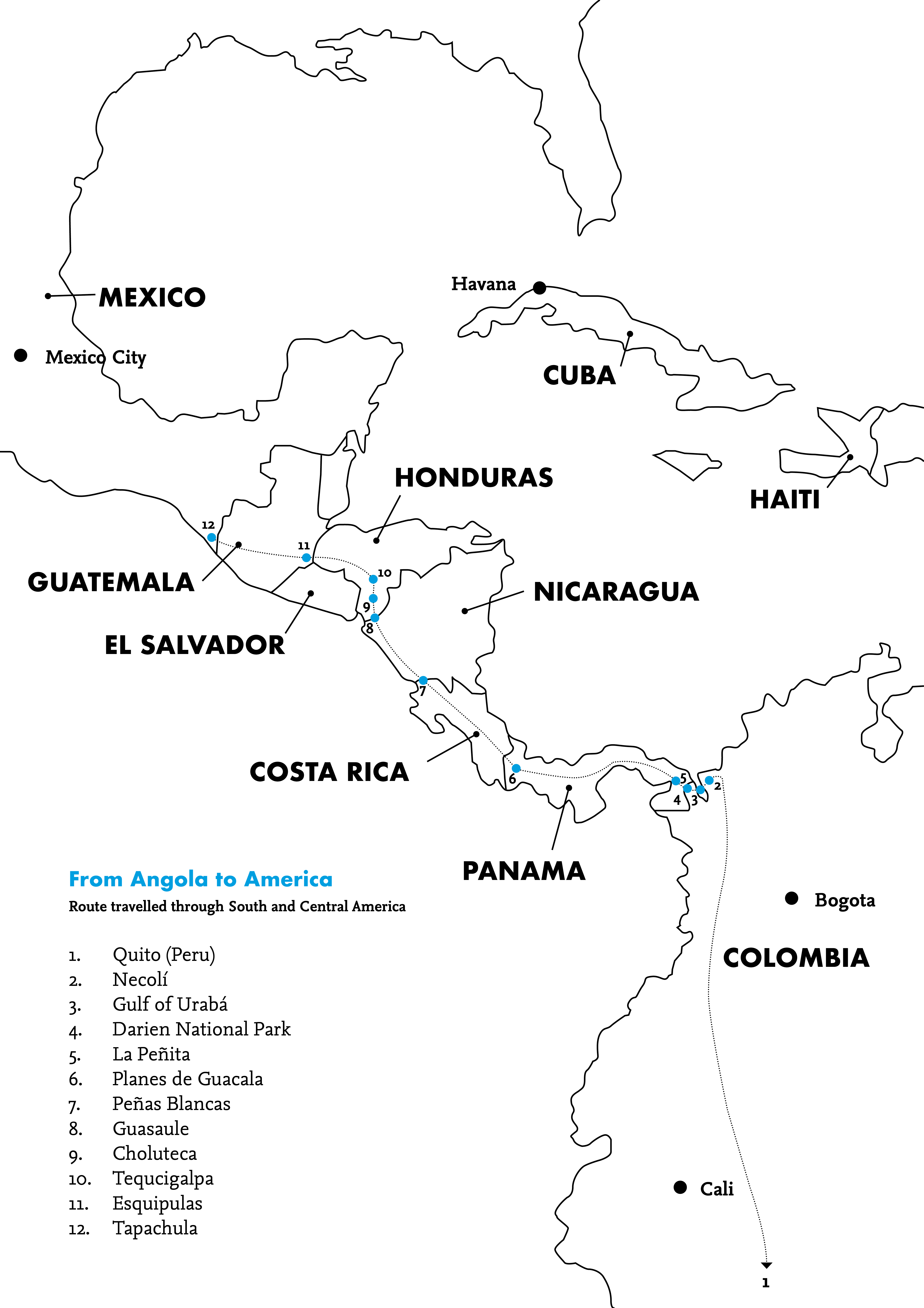 Map of route travelled by Ana and her family from South through Central America to the Mexican border.